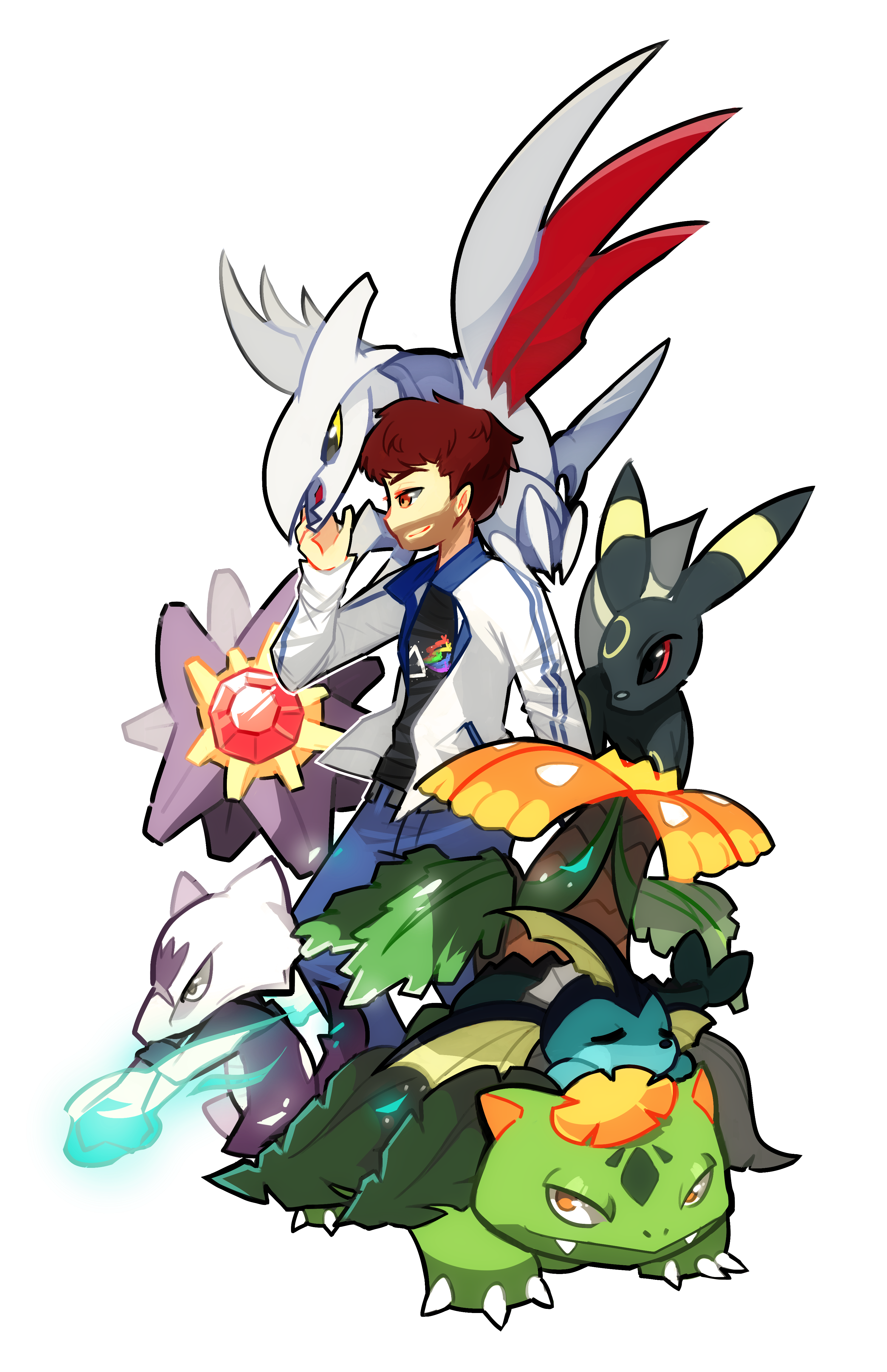 A pokemon trainer surrounded by his pokemon: Skarmory, Umbreon, Starmie, Alolan Marowak, Vaporeon, and Mega Venusaur.